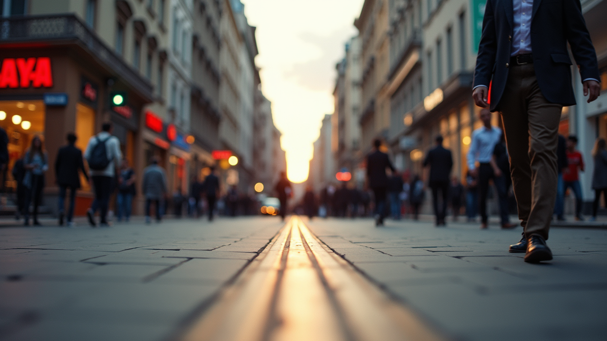 Eye-level view of a vibrant city street bustling with activity