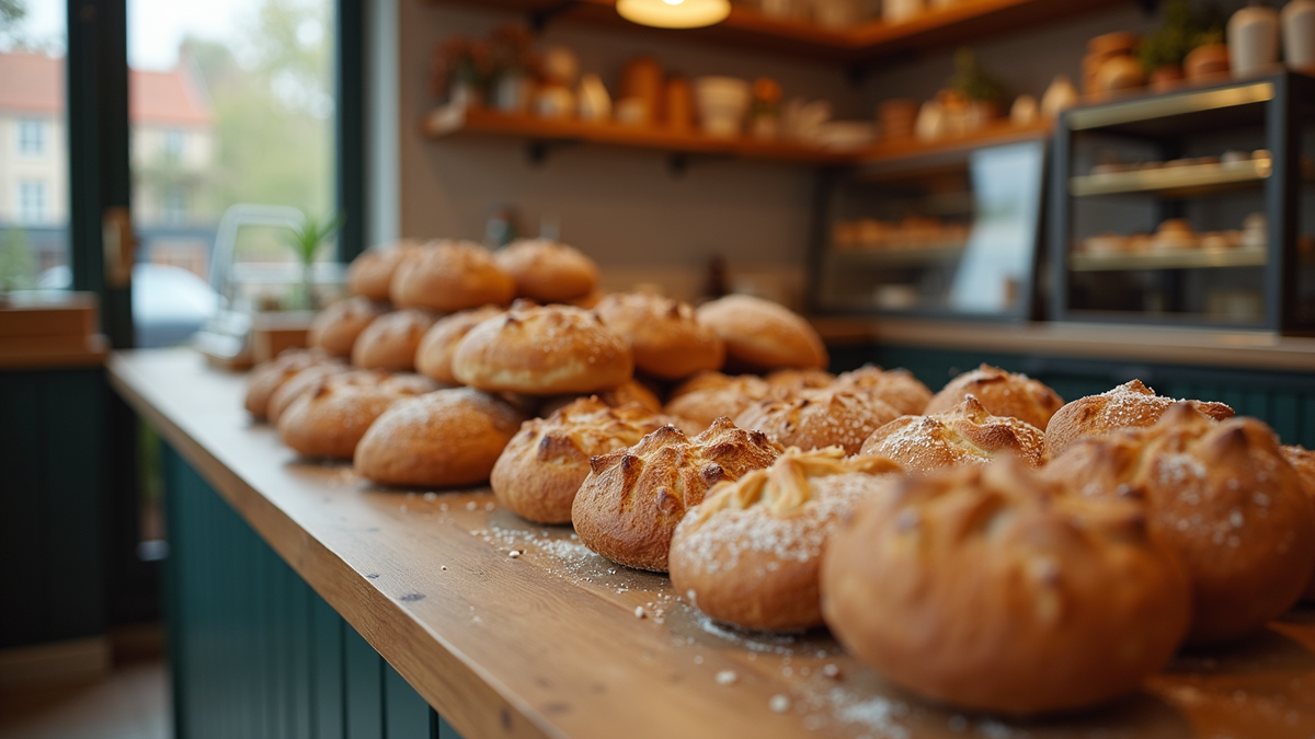 Eye-level view of a cozy bakery interior with freshly baked goods displayed